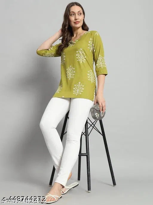 Printed Rayon Green Short Kurti for Women & Girls – Casual & Office Wear