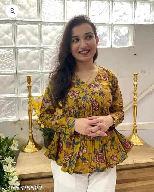 Floral Print Mustard Empire Top for Women – Stylish Rayon Kurti/Tunic