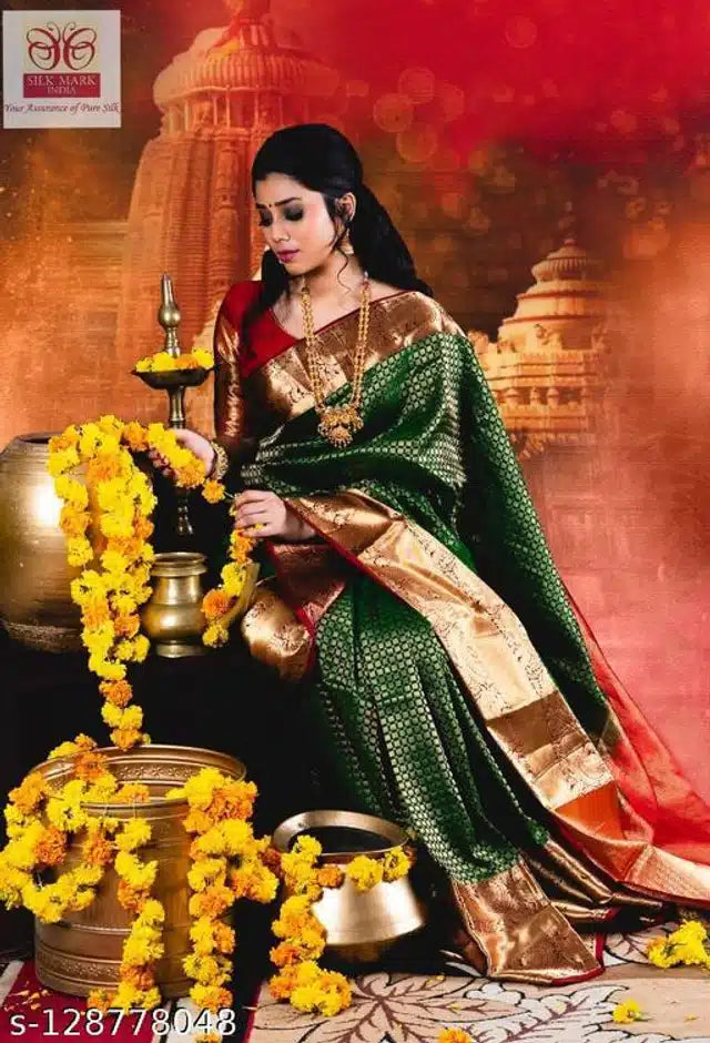Green Jacquard Saree with Blouse for Women – Traditional Woven Saree (6.3m)