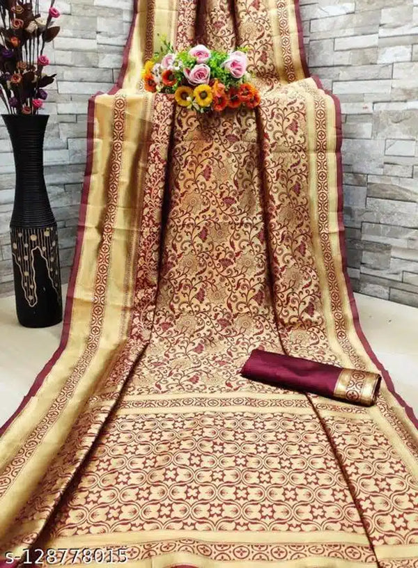 Golden & Dark Red Jacquard Saree with Blouse for Women – Festive Woven Saree (6.3m)