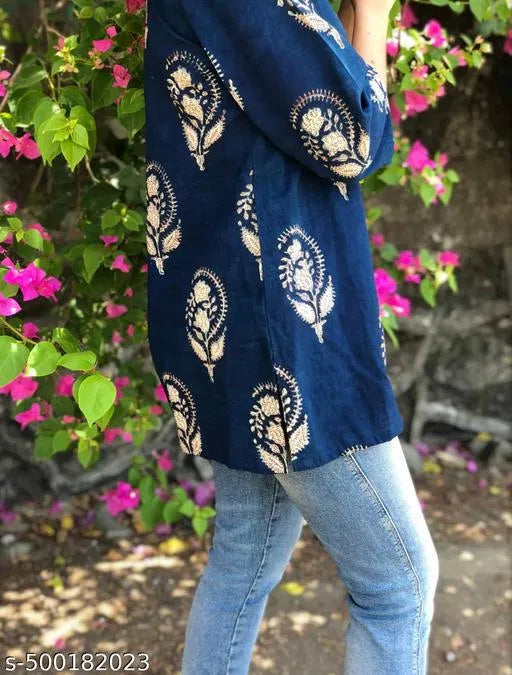 Blue Rayon Block Print Kurti for Women – Trendy Ethnic & Casual Wear