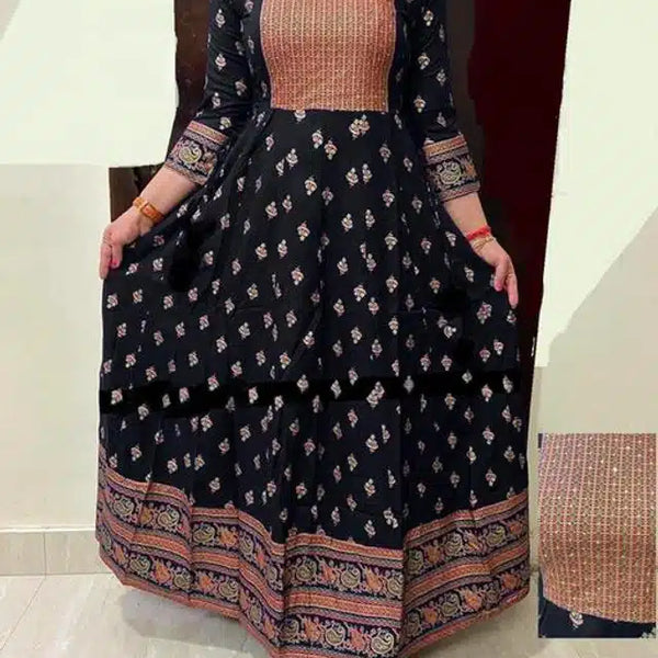 Anarkali Rayon Printed Kurti for Women – Black & Peach, Size S