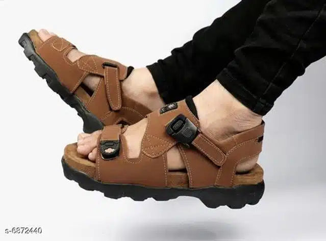 Men’s Tan Sandals – Comfortable Synthetic Leather Casual Sandals with Velcro Strap (Size 6)