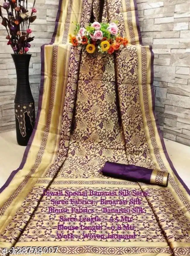 Golden & Dark Red Jacquard Saree with Blouse for Women – Festive Woven Saree (6.3m)