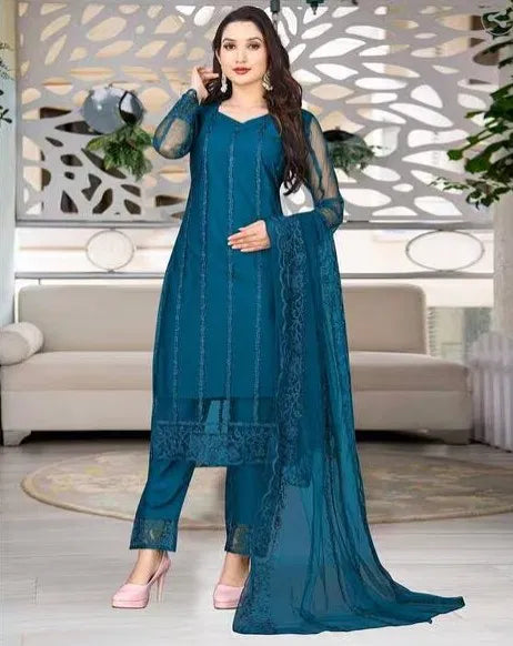 Women’s Net Kurta Set with Dupatta & Bottomwear – Ethnic Partywear Outfit
