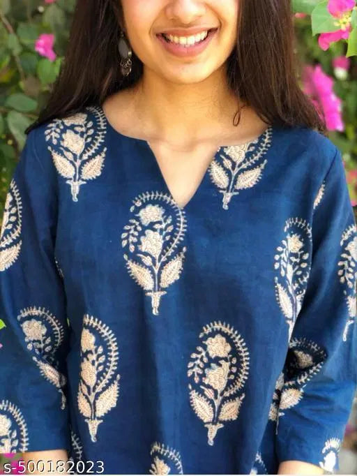 Blue Rayon Block Print Kurti for Women – Trendy Ethnic & Casual Wear