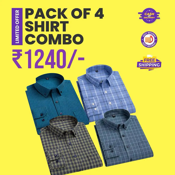 Men’s Premium Cotton Chequered Shirts Combo – Pack of 4 (Full Sleeves, Regular Fit)