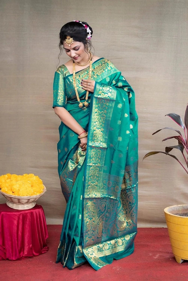 Banarasi Silk Embellished Saree for Women – Sea Green, 6.3m with Blouse Piece