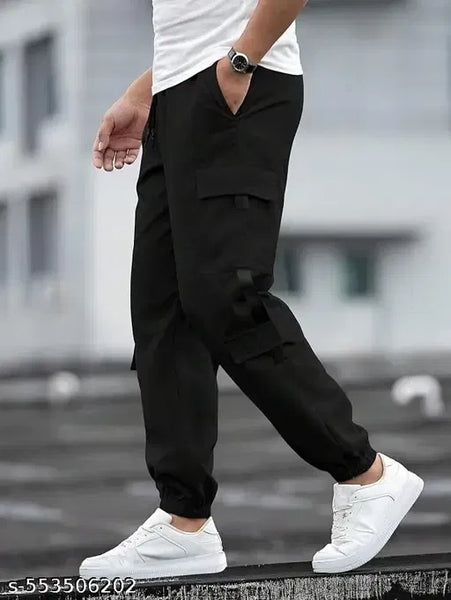 Men’s Black Cotton Satin Cargo Pants with Multi Pockets – Pack of 1