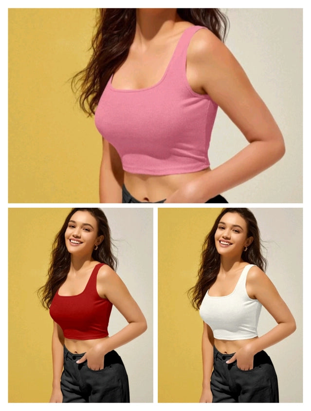 Women’s Cotton Blend Solid Tops – Pink, Red & White | Pack of 3 (Size S)