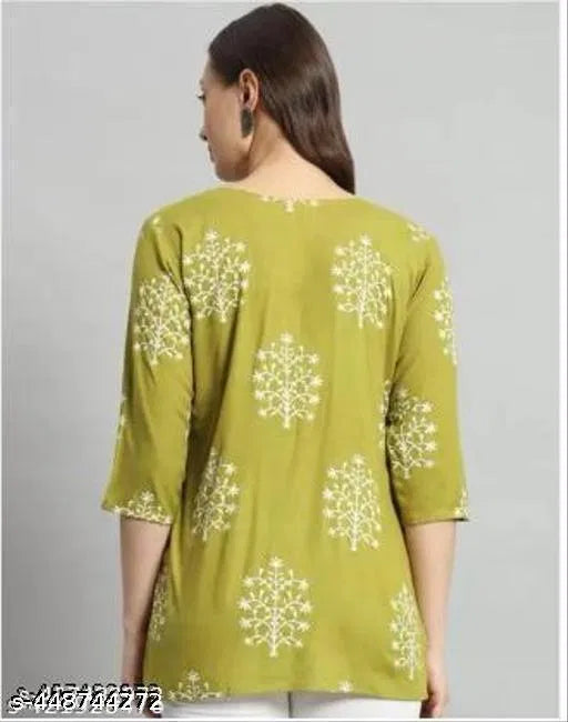 Printed Rayon Green Short Kurti for Women & Girls – Casual & Office Wear