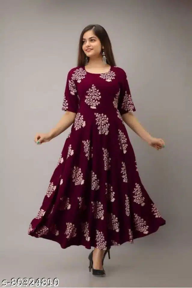 Cotton Printed Anarkali Kurti for Women – Maroon