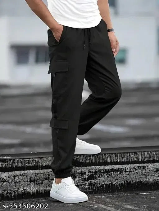 Men’s Black Cotton Satin Cargo Pants with Multi Pockets – Pack of 1
