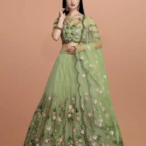 Green Net Embroidered Semi Stitched Lehenga Choli for Women