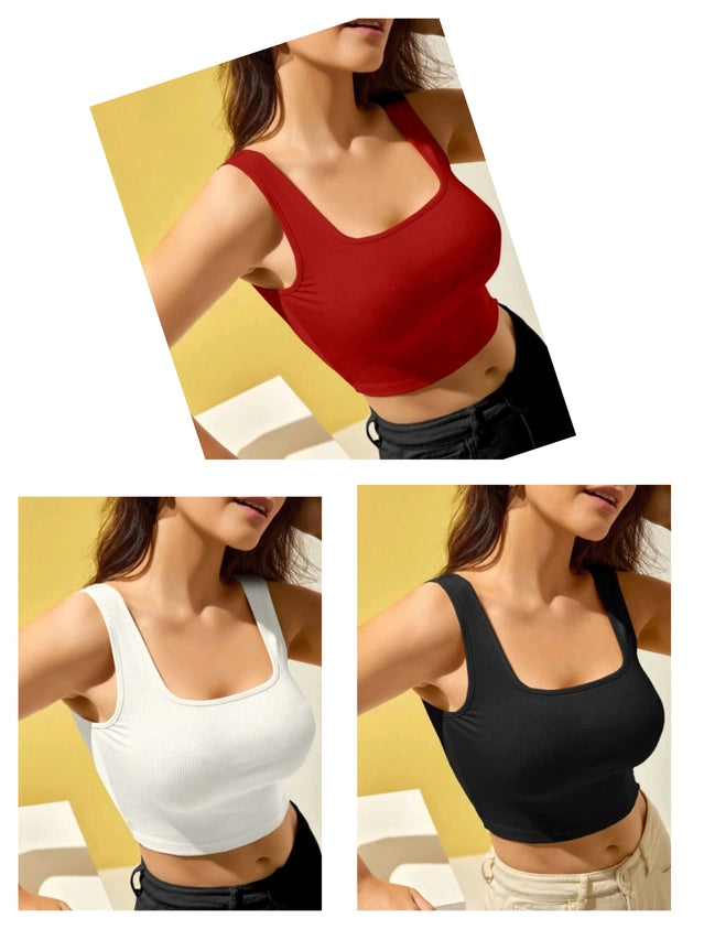 Women’s Cotton Blend Solid Tops – Multicolor (Red, White & Black) | Pack of 3 (Size S)