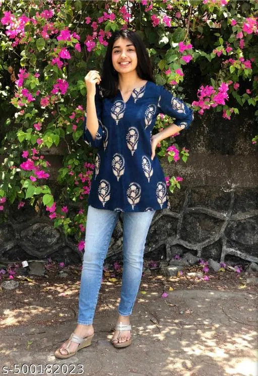 Blue Rayon Block Print Kurti for Women – Trendy Ethnic & Casual Wear