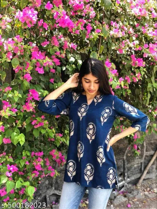 Blue Rayon Block Print Kurti for Women – Trendy Ethnic & Casual Wear