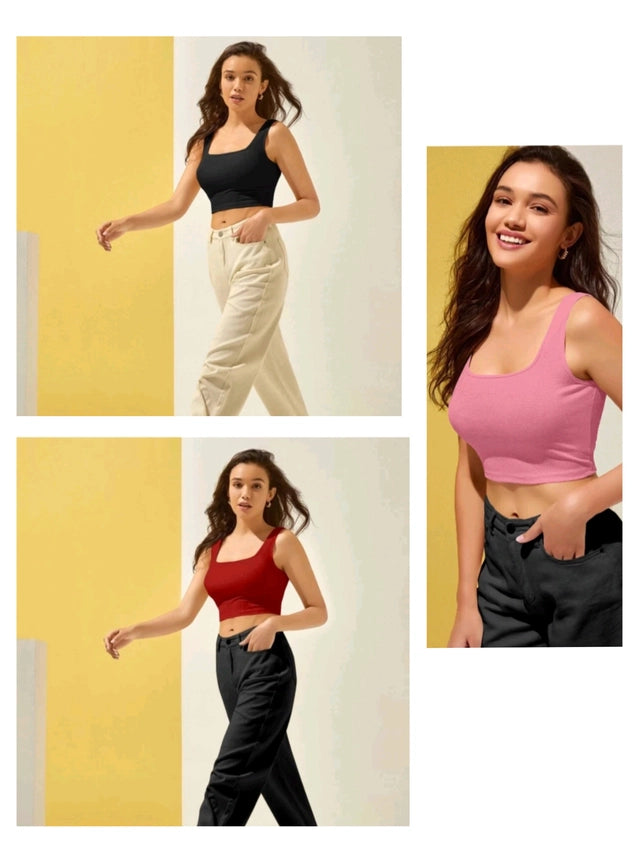 Women’s Cotton Blend Solid Tops – Black, Red & Pink | Pack of 3 (Size S)