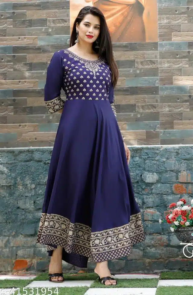 Rayon Printed Anarkali Kurti for Women – Blue, Size S