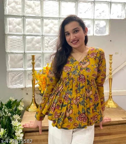 Floral Print Mustard Empire Top for Women – Stylish Rayon Kurti/Tunic