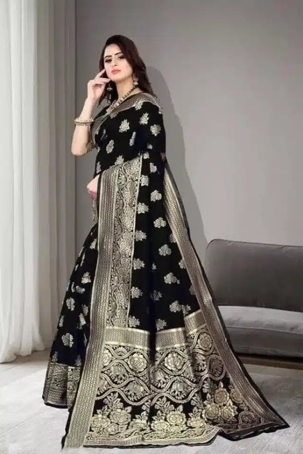 Black Jacquard Foil Printed Saree with Blouse for Women – Festive Wear (6.3m)