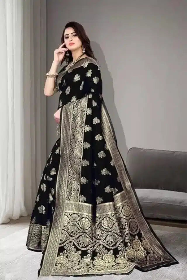 Black Jacquard Foil Printed Saree with Blouse for Women – Festive Wear (6.3m)