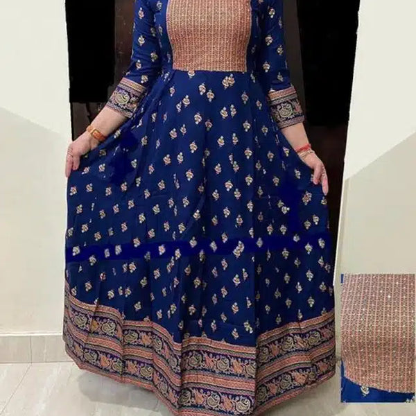 Anarkali Rayon Printed Kurti for Women – Royal Blue & Peach, Size S