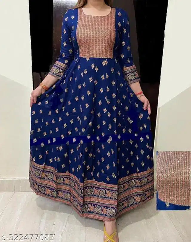 Anarkali Rayon Printed Kurti for Women – Royal Blue & Peach, Size S