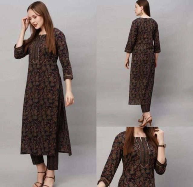 Cotton Blend Printed Kurti with Pant Set for Women – Ethnic Wear (Multicolor, S)