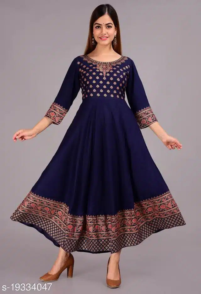Rayon Printed Anarkali Kurti for Women – Blue, Size S | Ethnic & Festive Wear