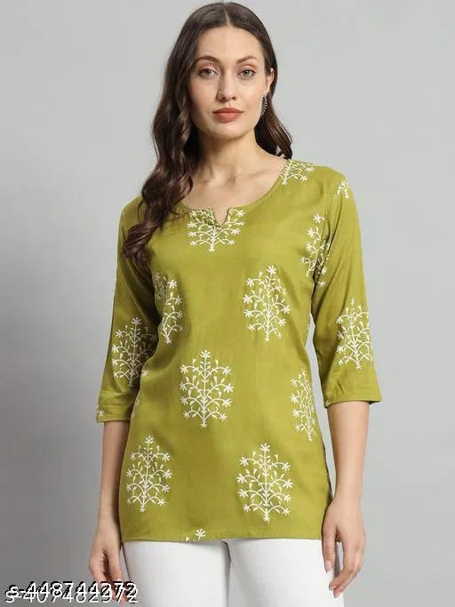 Printed Rayon Green Short Kurti for Women & Girls – Casual & Office Wear